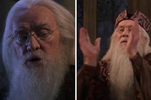 Albus Dumbledore is on the left facing an image of him clapping