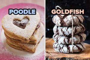 On the left, some heart-shaped linzer cookies labeled "poodle," and on the right, a stack of chocolate crinkle cookies labeled "goldfish"