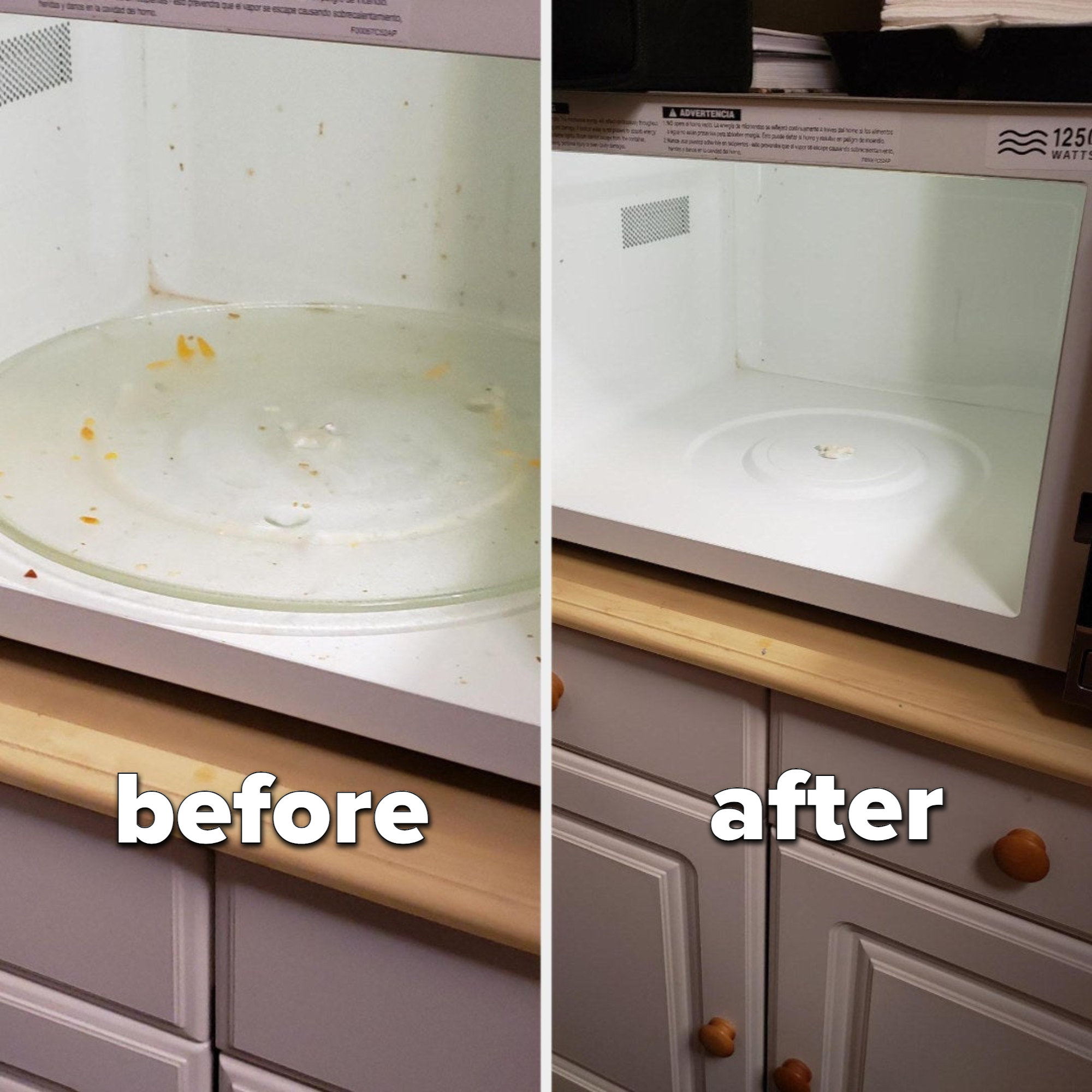 a before and after of a dirty microwave