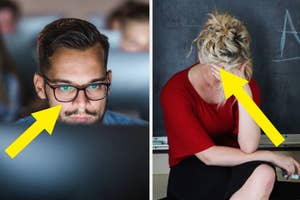 student working in a computer lab and a teacher holding her head from stress