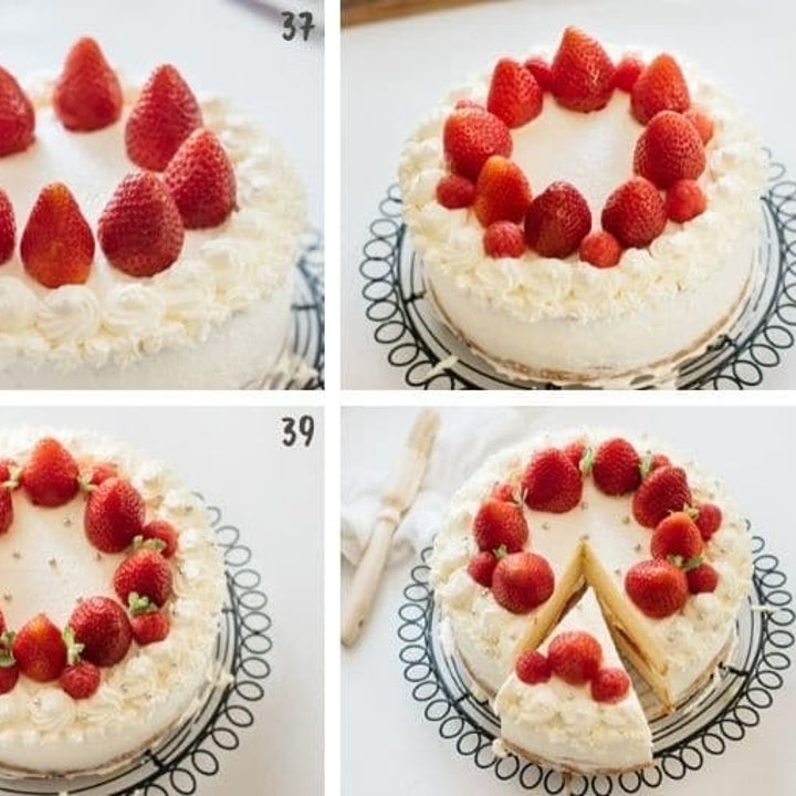 Four boxes showing a hand placing strawberries on a strawberry shortcake, and the final result. 