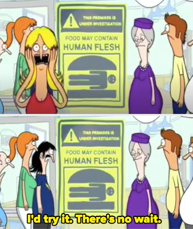 A crowd standing around a sign reading &quot;food may contain human flesh&quot; in the original pitch of &quot;Bob&#x27;s Burgers&quot;