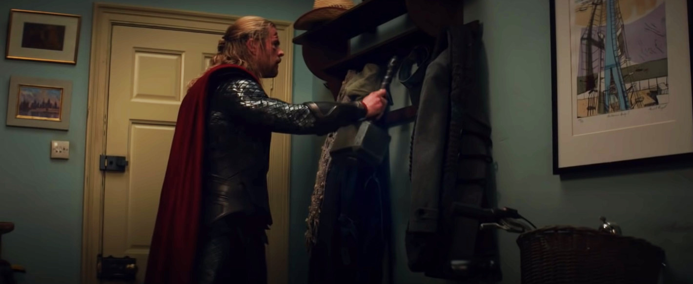 Thor hangs his hammer up with the jackets to be polite