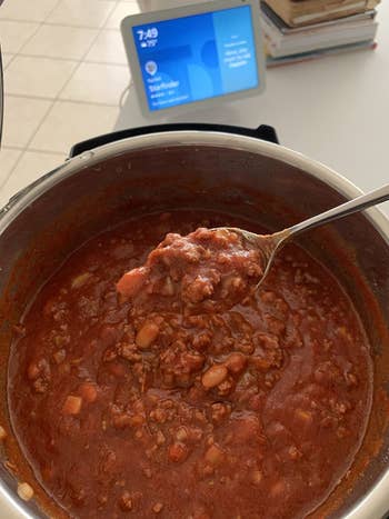 inside of a reviewer's instant pot full of cooked chili