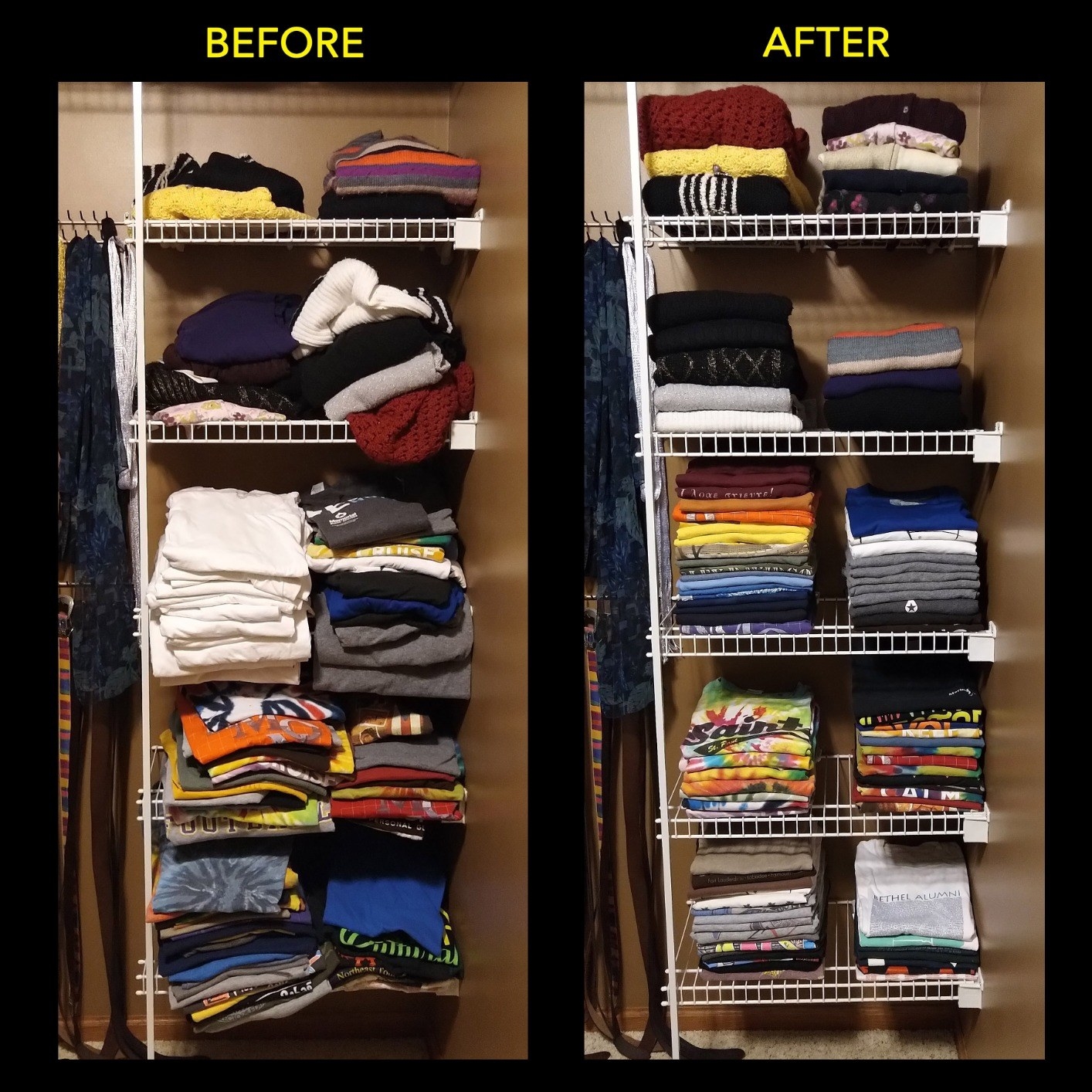 reviewer before and after images of closet shelves becoming more neatly organized with perfectly folded clothes
