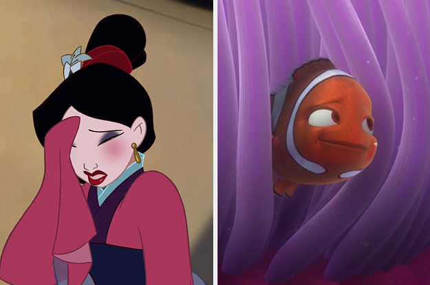 On the left, Mulan covering her face with her hand, and on the right, Nemo's mom from
