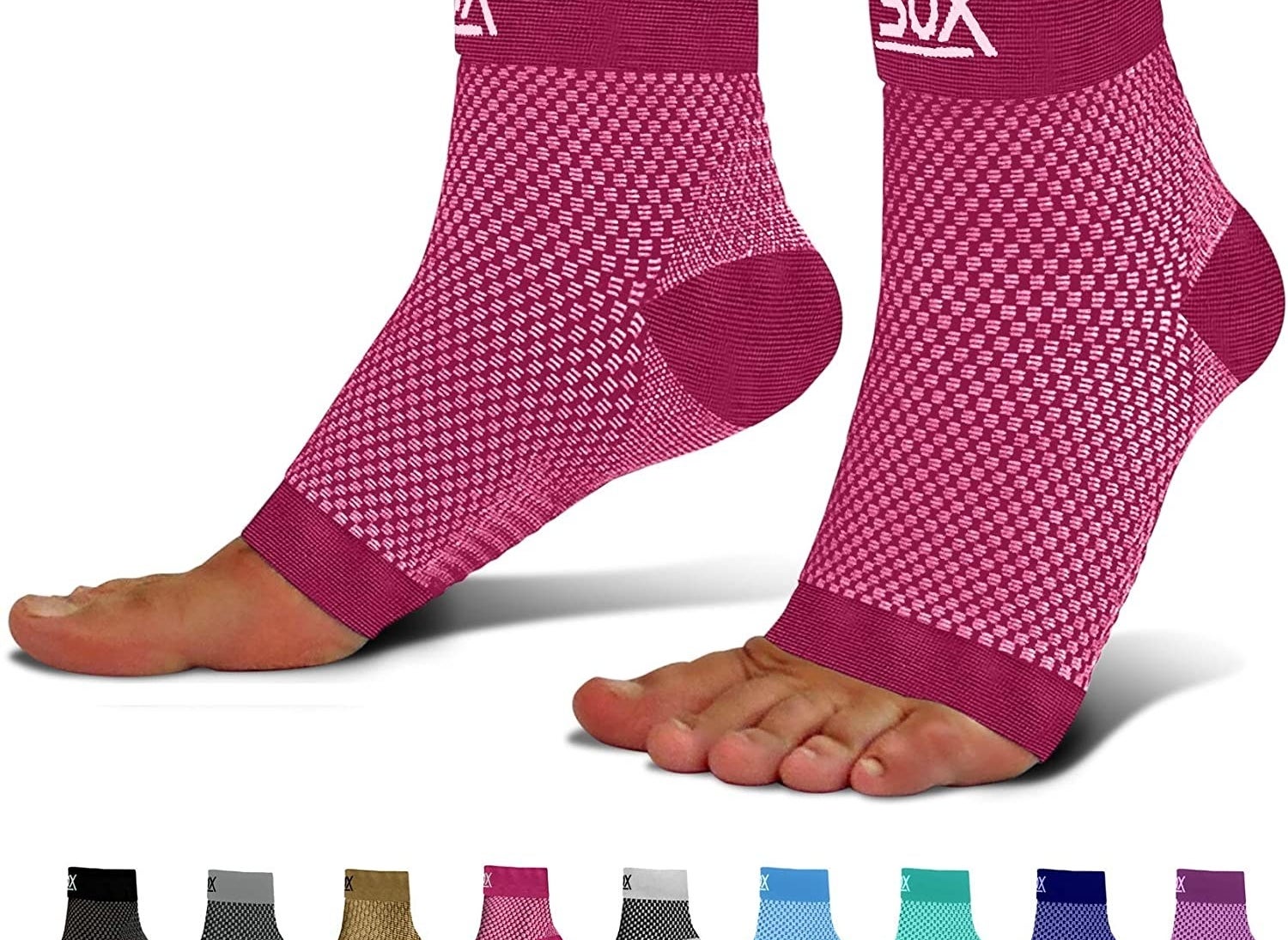 model wearing the pink compression socks, which show their toes