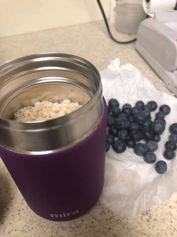 The thermos in purple with oatmeal and blueberries