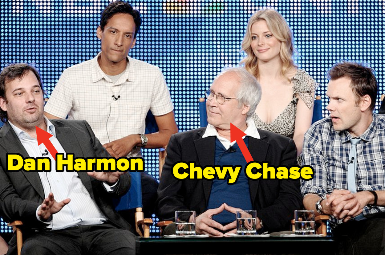 Chevy Chase and Dan Harmon being interviewed with the cast of &quot;Community&quot;