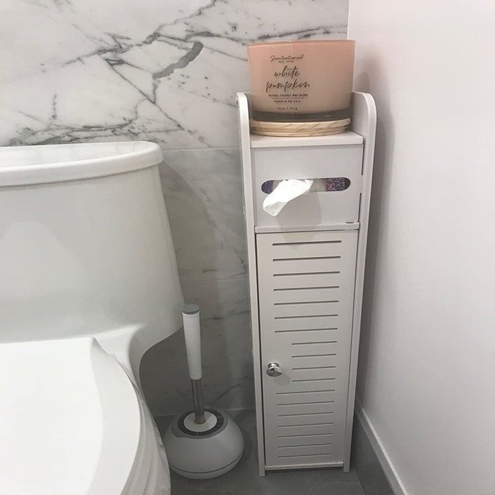 the white cabinet with a toilet paper dispenser