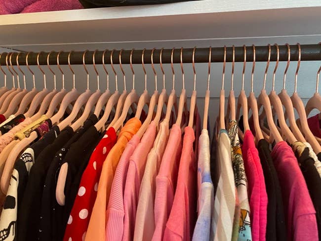 reviewer image of a closet organized with light pink velvet hangers