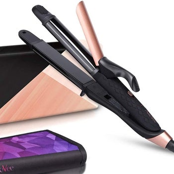 the curling iron and straightener combo product showing both functions