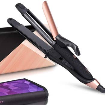the curling iron and straightener combo product showing both functions