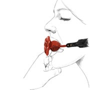 Illustration of woman with finger in her mouth through ball gag opening