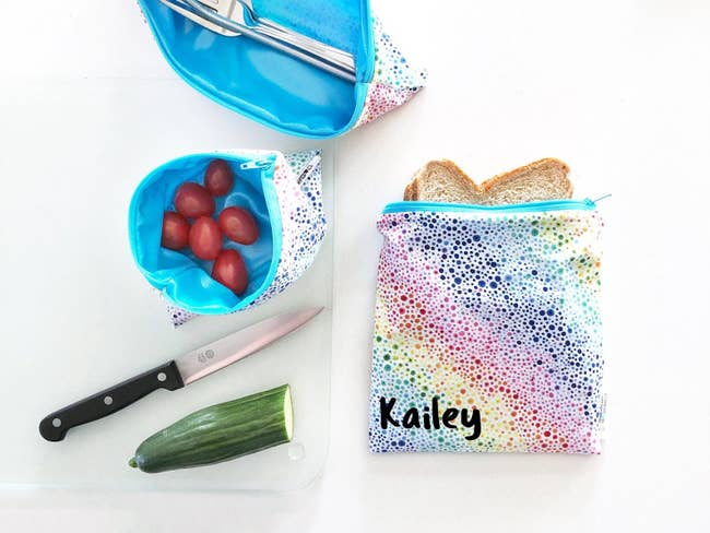A personalized sandwich bag, snack bag and cutlery bag