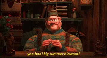 Man saying &quot;yoo-hoo! big summer blowout&quot;