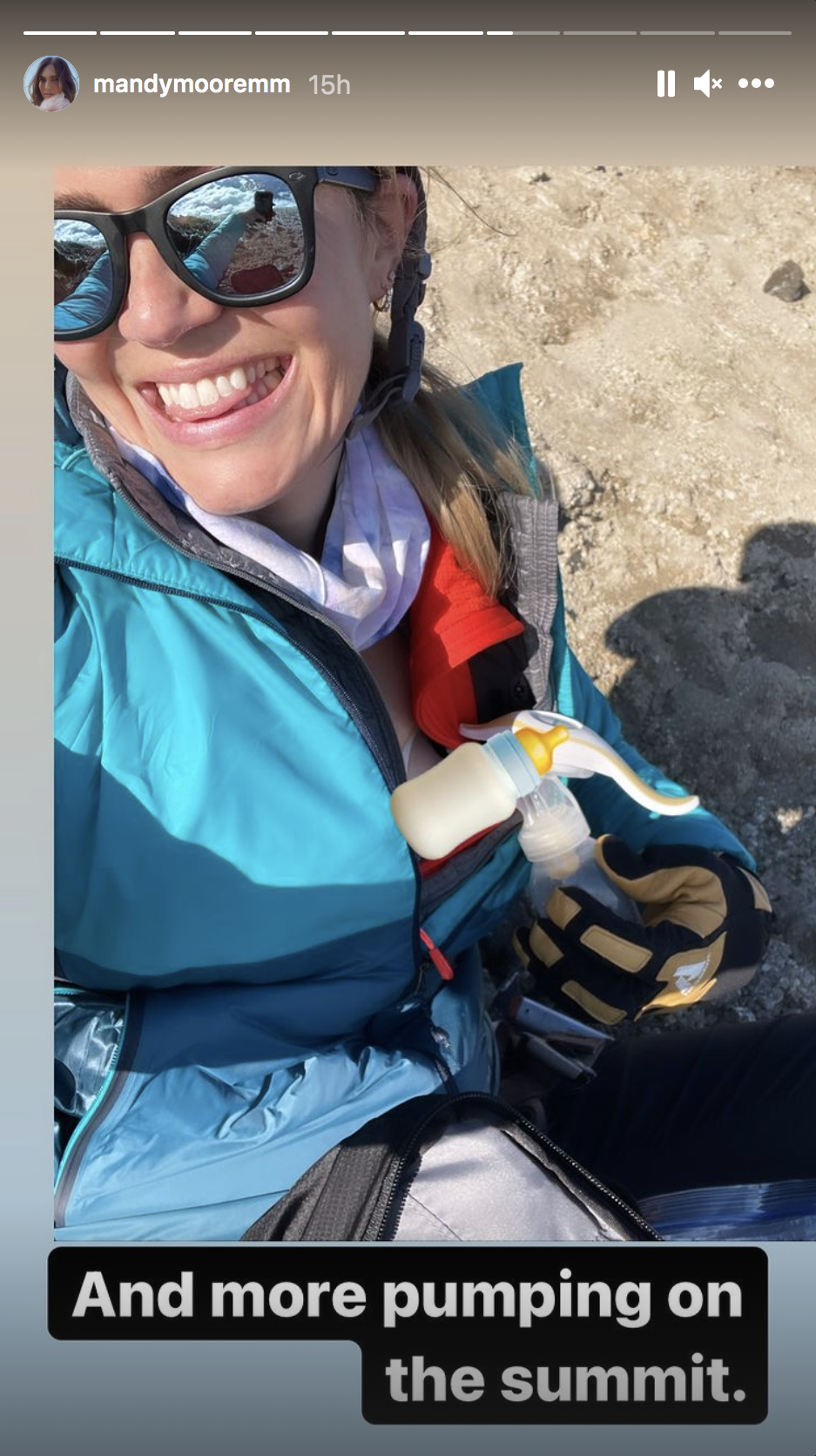 Mandy Moore smiles while pumping breastmilk and taking a selfie from the summit of Mount Baker