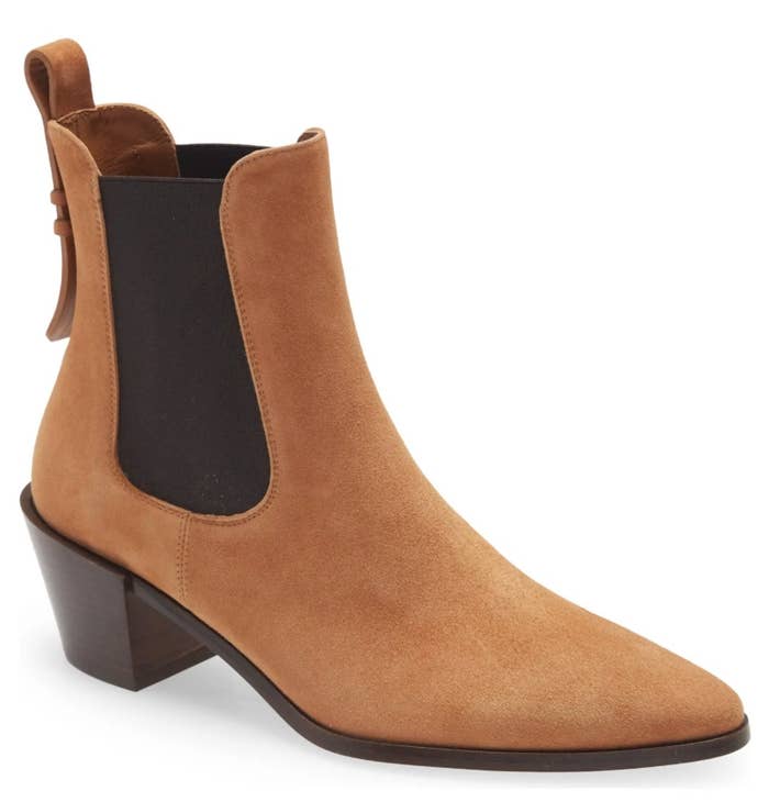 A brown suede chelsea boot