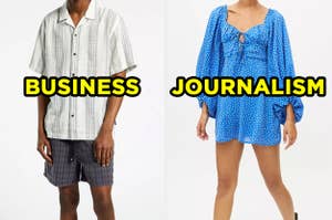 On the left, someone wearing a short sleeve button-down shirt and shorts labeled "business," and on the right, someone wearing a mini dress with long sleeves labeled "journalism"