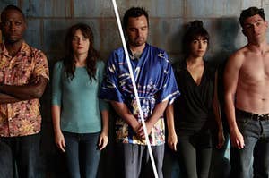 Winston stands with his arms crossed, Jess looks terrified, Nick has his eyes cast down with his hands clasped together, and Cece stands next to a shirtless Schmidt