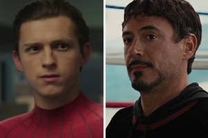 Peter Parker looks off to the side while wearing the Spider-Man costume and a close up of Tony Stark as he looks at someone off screen