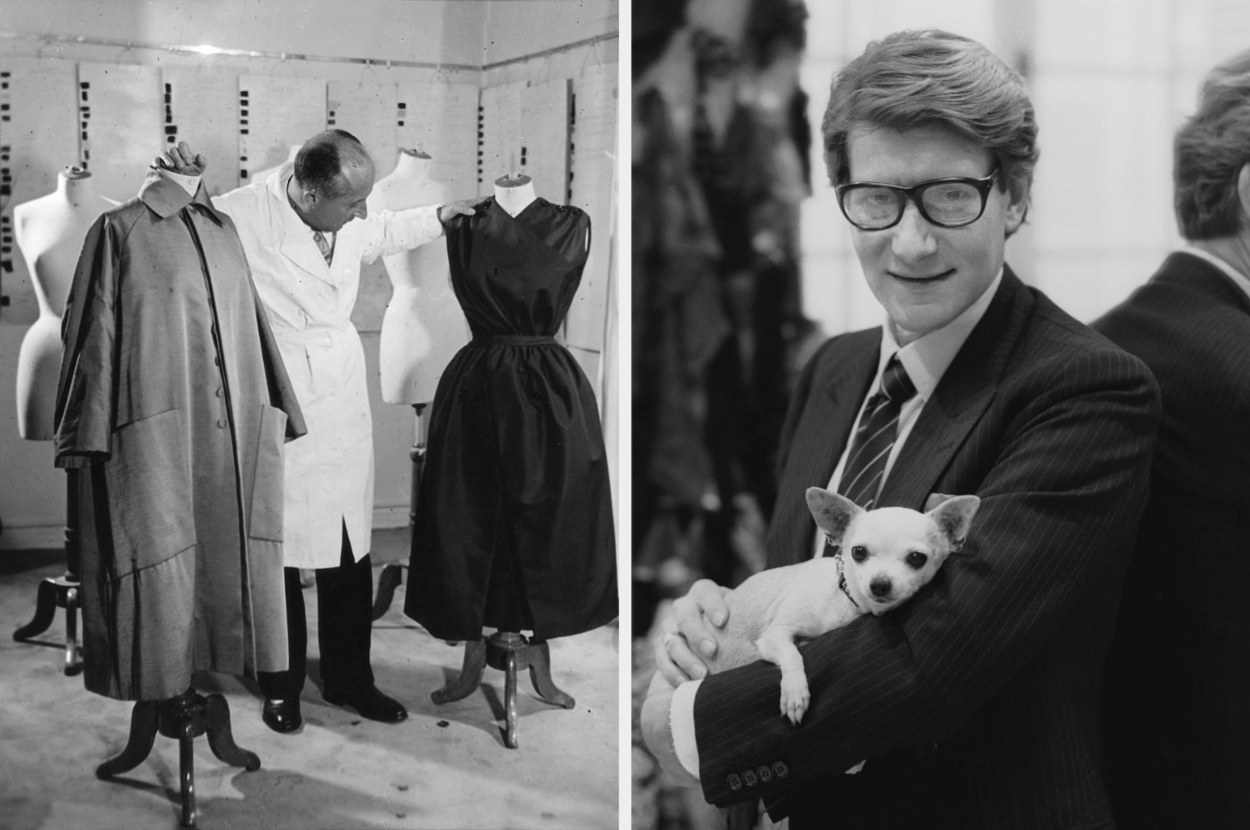 Dior examining mannequins, and Dior holding a dog
