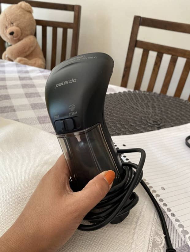 reviewer holding small steamer in one hand