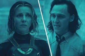 Sylvie looks at Loki with a sad expression on her face while Loki is mid monologue 