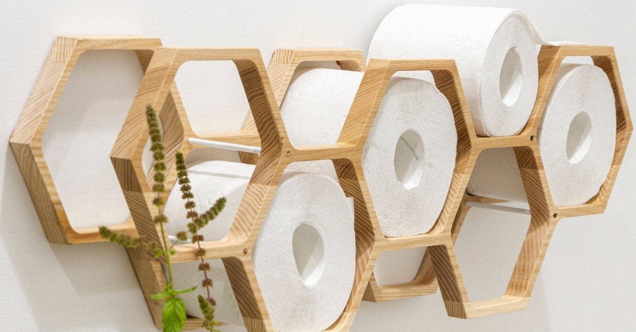 Toilet Paper Holder Wall Mount, Wood TP Floating Storage Shelf for Tissue,  Hanging Wooden Honeycomb Restroom Loo Roll Rack 