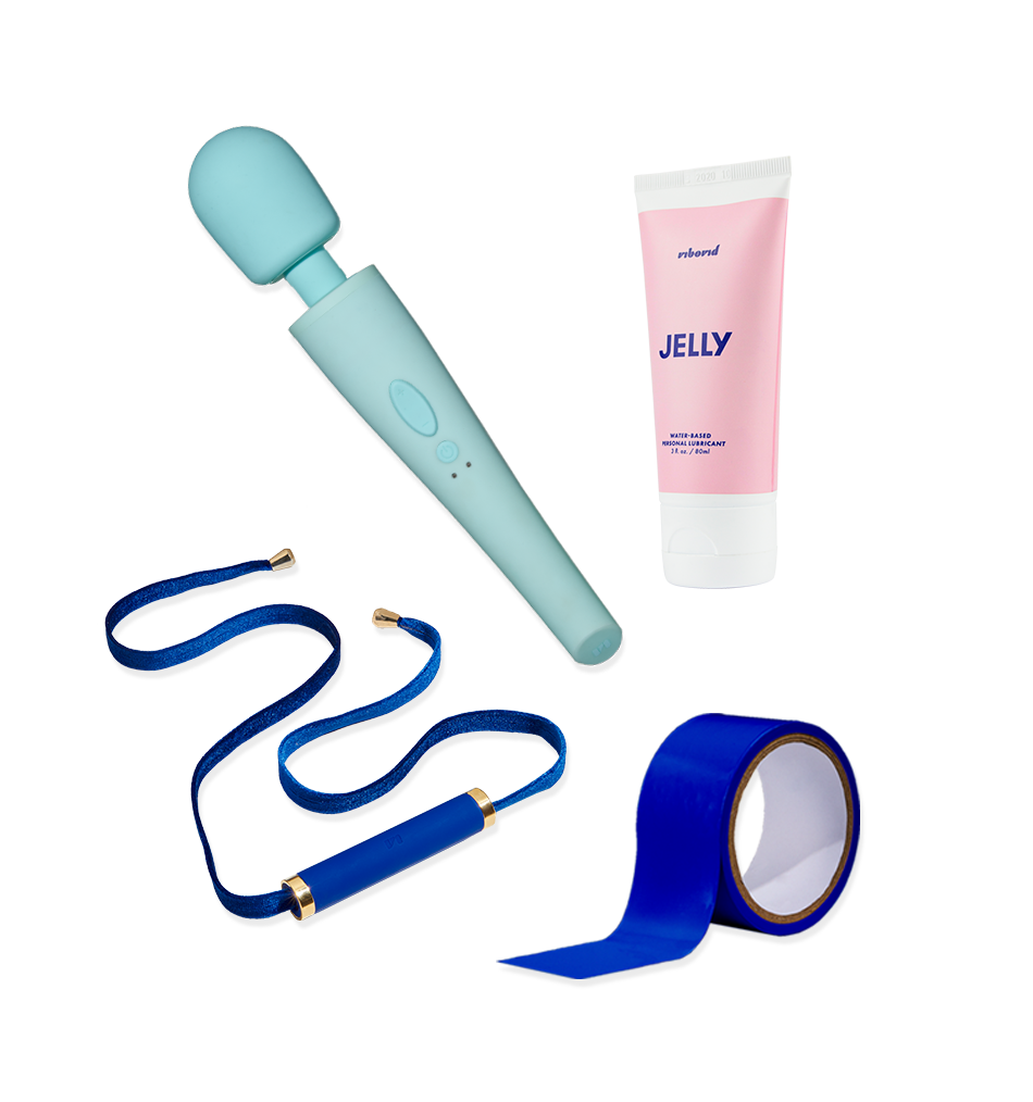 Mint wand vibrator, pink bottle of lubricant, blue bit and blue bondage tape