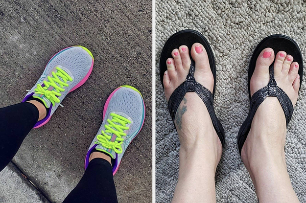 a pair of neon-laced running shoes; a pair of black leather thong sandals