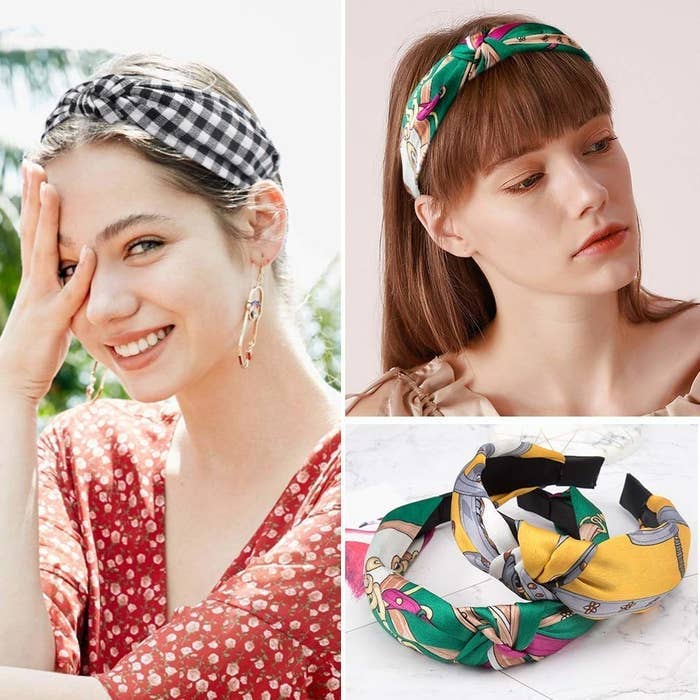 A collage of a person wearing a black and white checkered hairband, a person wearing a green and pink hairband, and a picture of two hairbands