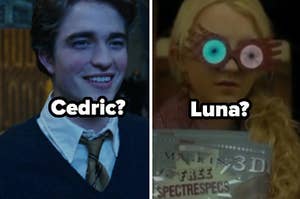A close up of Cedric Diggory as he smiles brightly and Luna Lovegood wears glasses with neon colored lenses