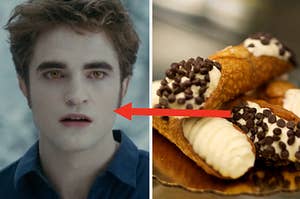 A close up of Edward Cullen with his mouth slightly open and four cannolis are stacked on top of each other on a gold plate