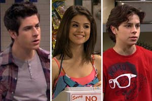 Justin Russo wears a confused expression, Alex Russo smiles brightly, and Justin Russo is mid sentence to someone off screen