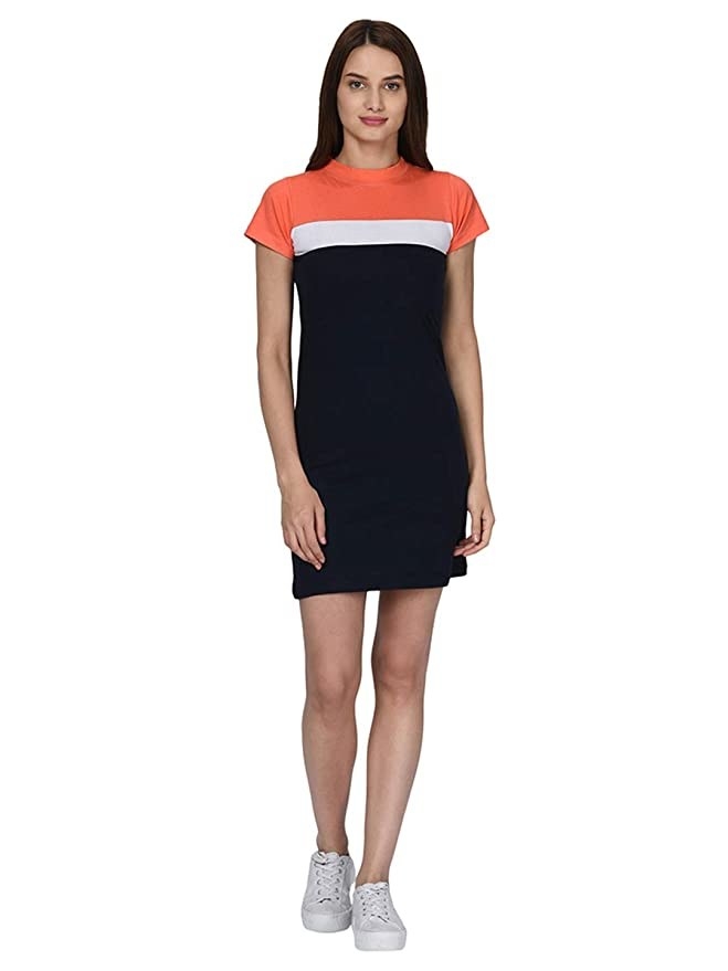 Short black dress with white and orange stripes