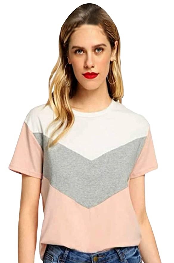 White, grey and pastel pink block print tee