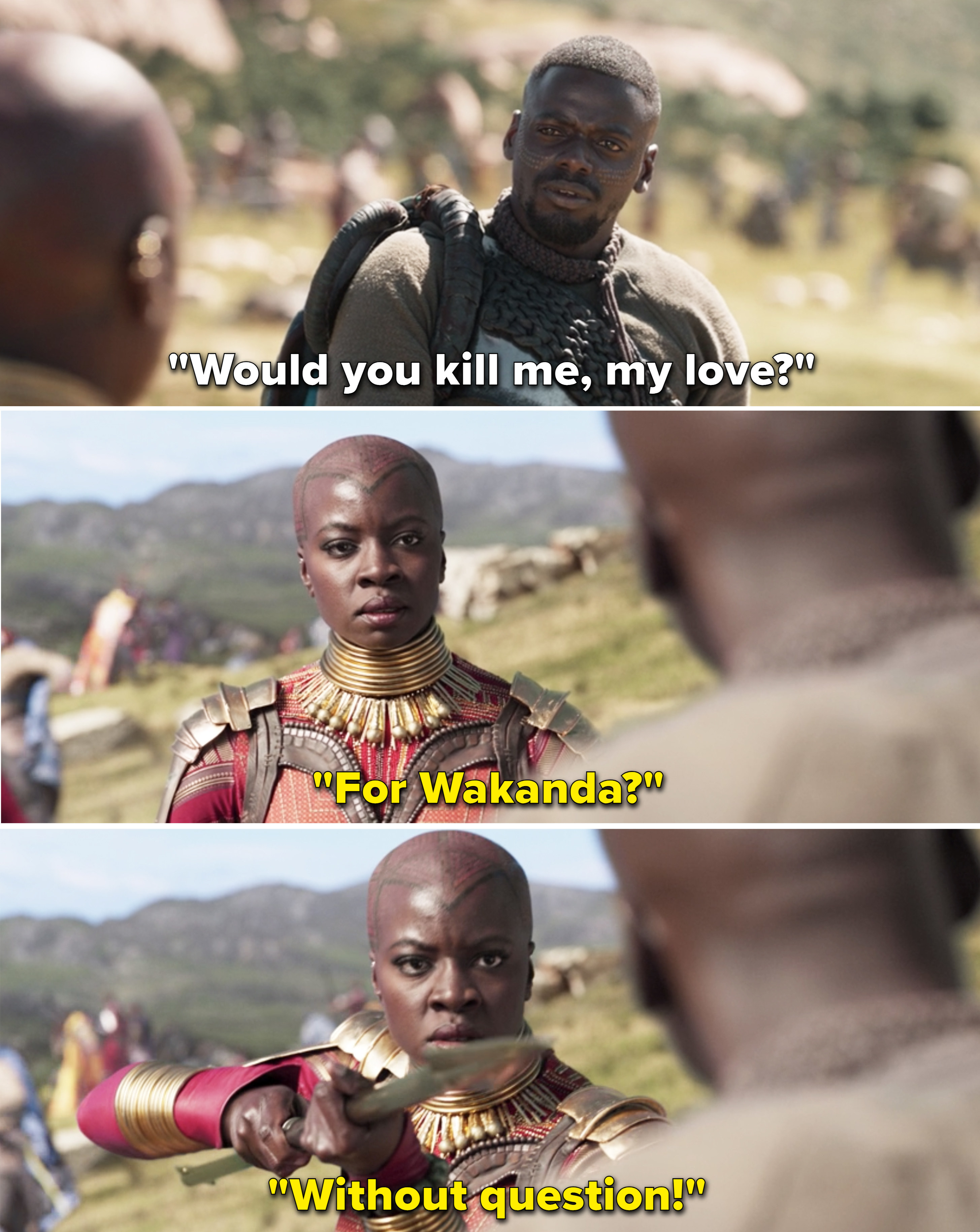 Okoye telling W&#x27;Kabi, &quot;For Wakanda? Without question&quot;