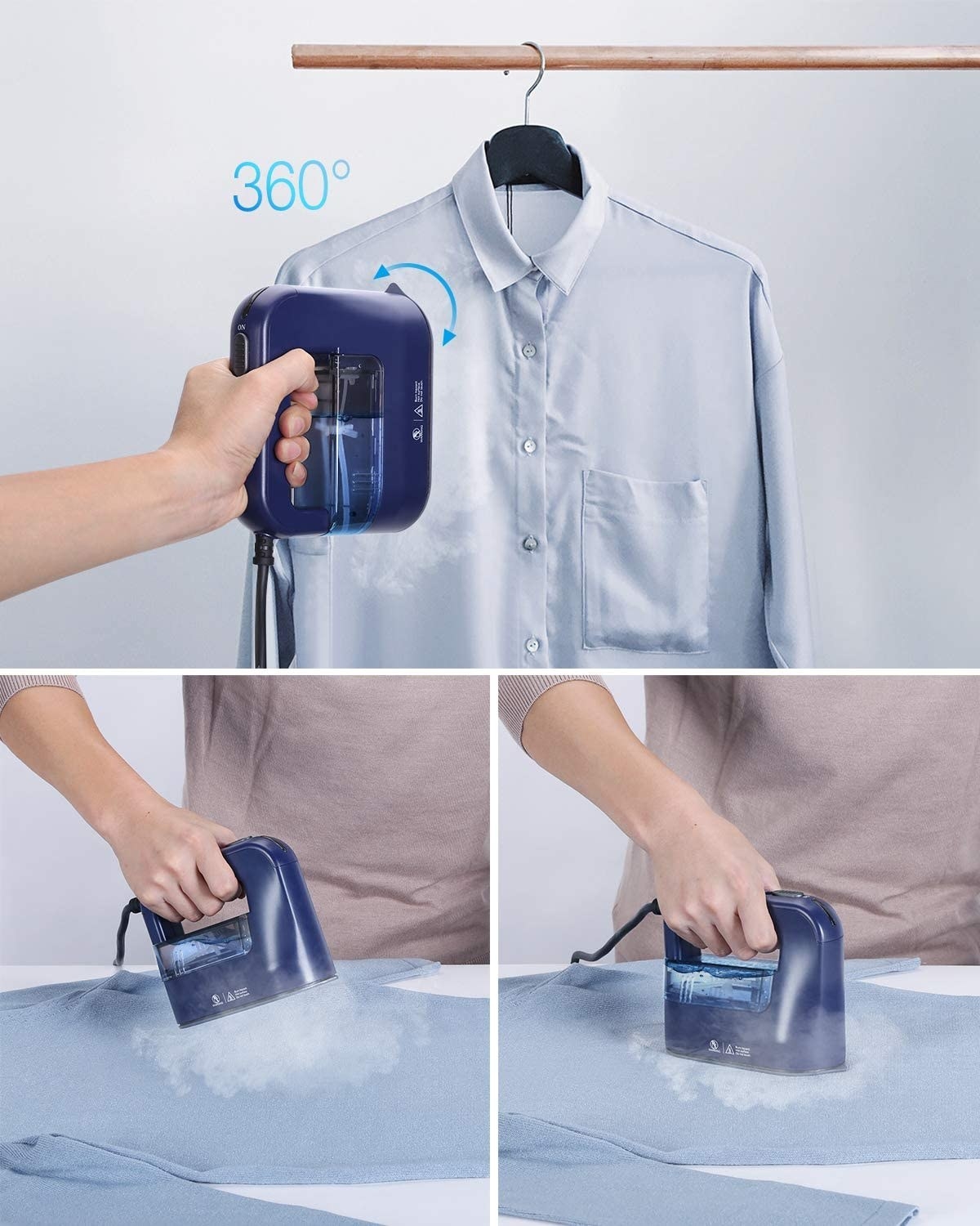 A person steaming and ironing shirts with the device