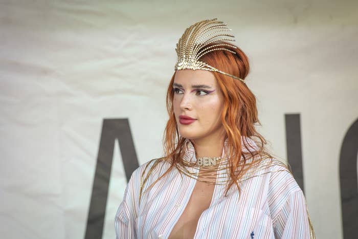 Bella Thorne is pictured wearing a tiara during a Milan Pride event in 2021