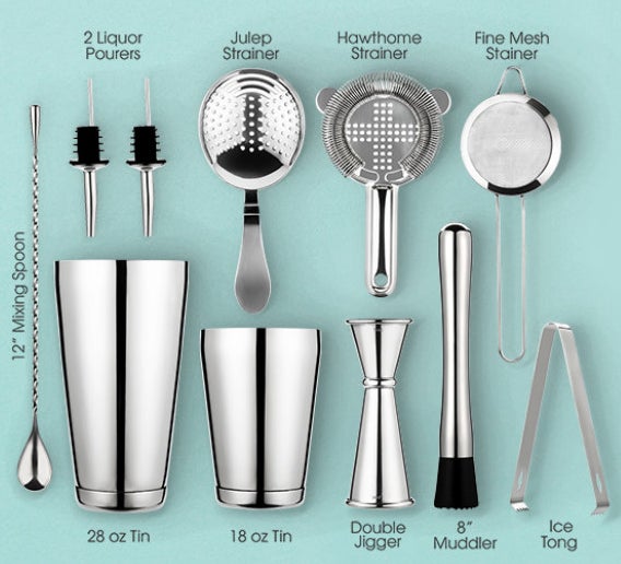 An image of all 11 pieces in the cocktail set