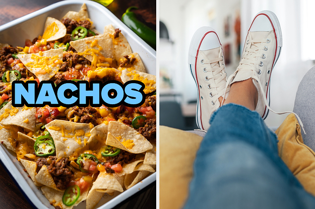 On the left, a tray of nachos, and on the right, someone lying down on a couch with their Converse-clad feet crossed at the end