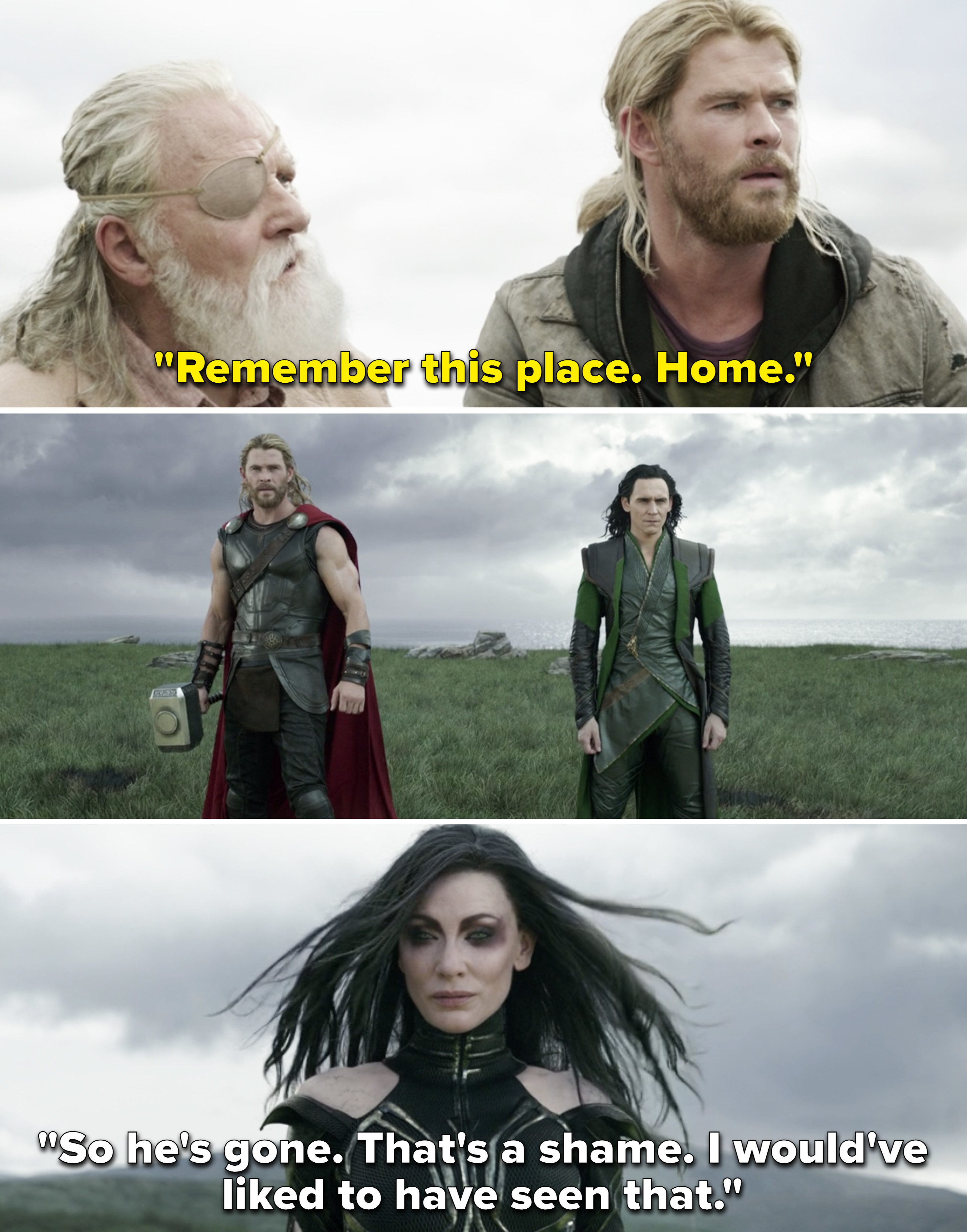 Odin saying, &quot;Remember this place. Home&quot; and Hela saying, &quot;So he&#x27;s gone. That&#x27;s a shame. I would&#x27;ve liked to have seen that&quot;