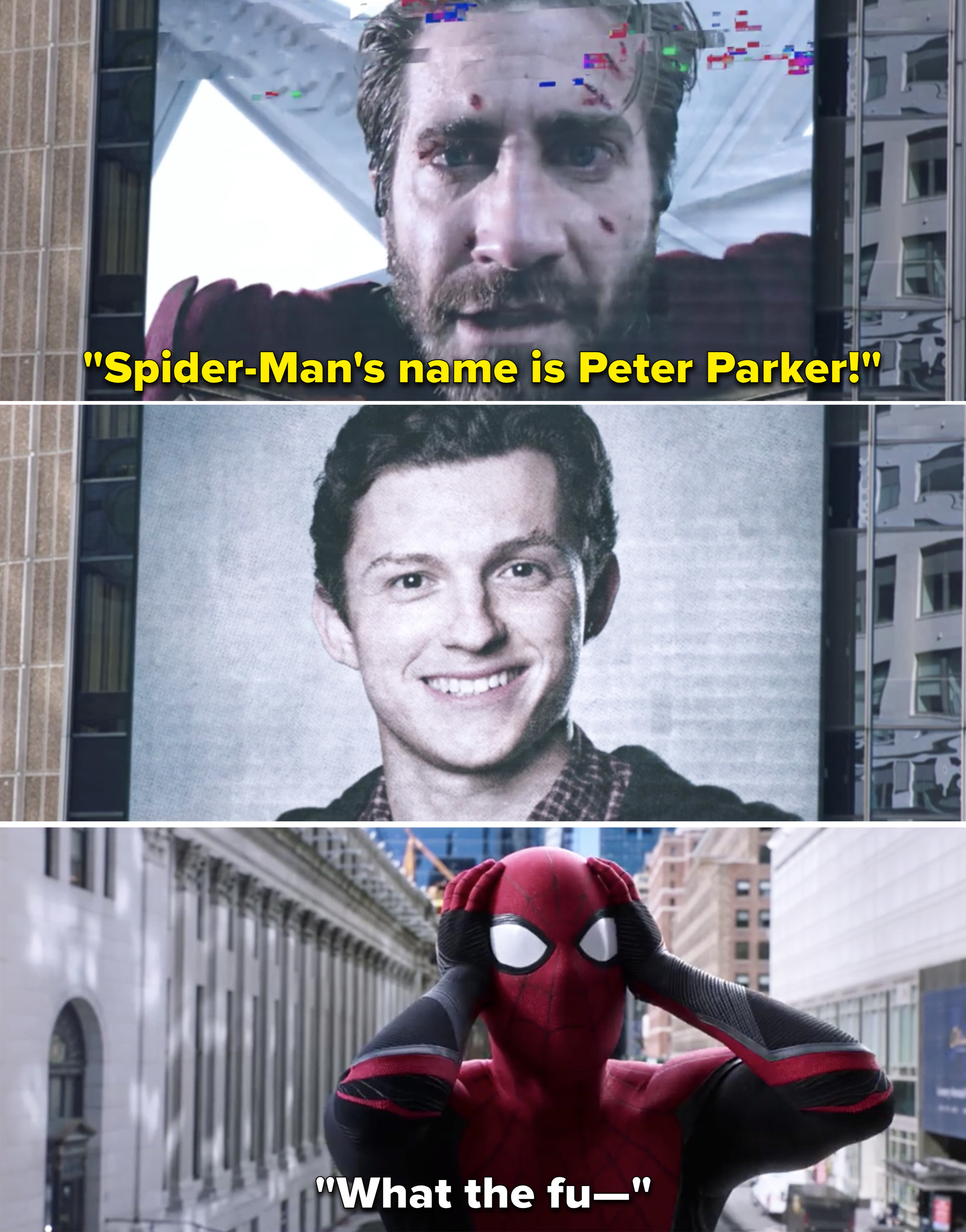 Mysterio saying, &quot;Spider-Man&#x27;s name is Peter Parker&quot;