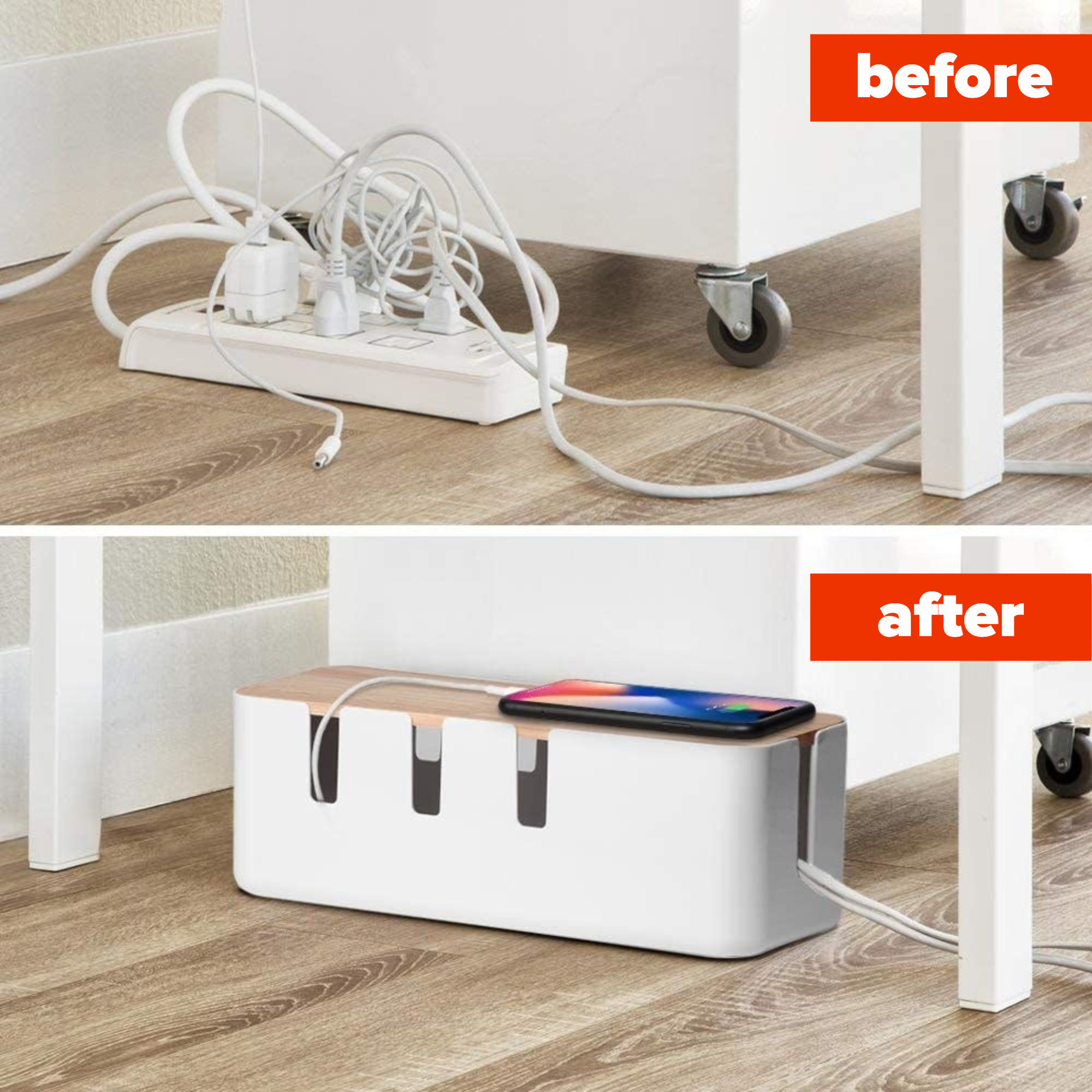 a before image of a messy power bar next to the after image of the power management box concealing the messy wires