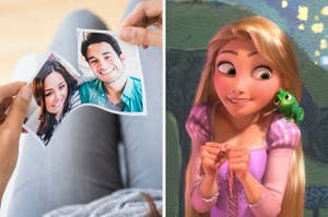 On the left, someone ripping a picture in half with one person on either side, and on the right, Rapunzel from "Tangled" smiling with Pascal on her shoulder