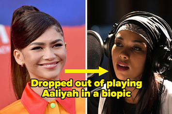 Zendaya labeled "Dropped out of playing Aaliyah in a biopic" with a picture of Alexandra Shipp in the biopic