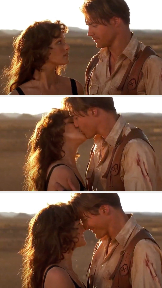 Brendan Fraser and Rachel Weisz kissing at the end of &quot;The Mummy&quot;
