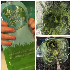 Reviewer's photo showing the reusable pouch filled with a green smoothie