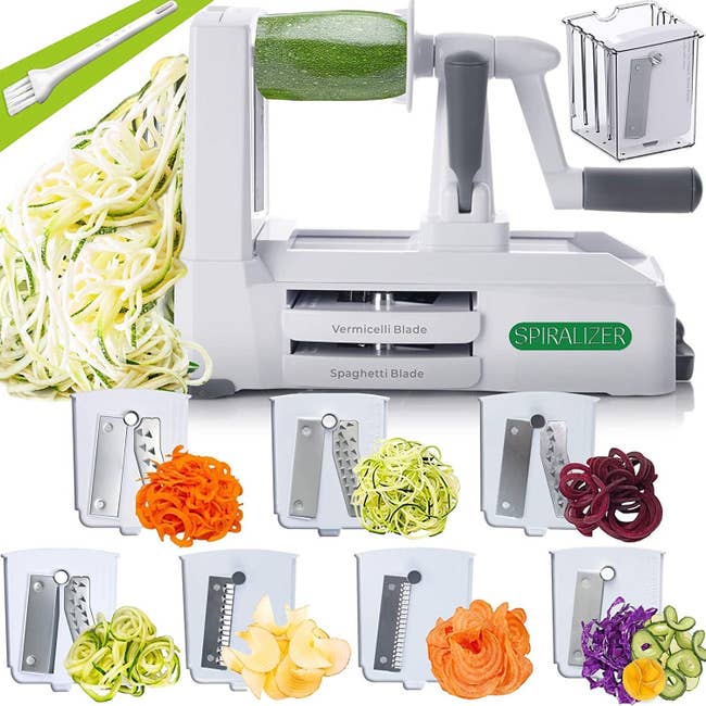 The spiralizer with 7-blade slicers is capable of cutting a variety of vegetables